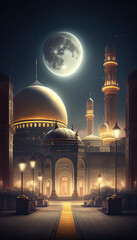 beauty big mosque in the night with super moon scenery created with generative AI technology