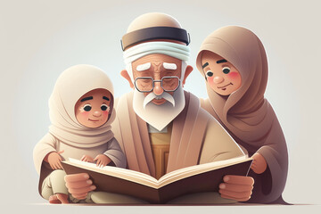 A muslim grandfather is sitting on a couch with two muslim children, reading a book to them. Generative AI  - 583434247