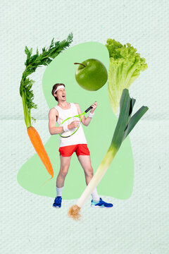 Abstract vertical collage picture of crazy mini guy play tennis racquet instead guitar big fresh vegetables carrot lettuce onion apple fruit