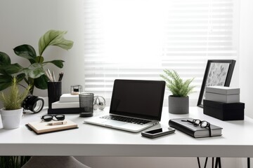 Home office set up with a laptop, office supplies, a plant, a calculator, and books. Homeschooling as an idea. modern, artistic workstation. Generative AI