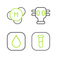 Set line Test tube and flask, Water drop, Gas mask and Molecule icon. Vector