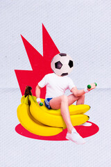 Vertical collage picture of mini sportive guy sit huge banana fruit lifting dumbbell football...