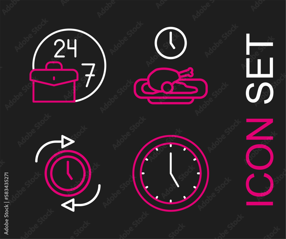 Poster set line clock, with arrow, food time and always busy icon. vector