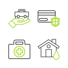 Set line House flood, First aid kit, Credit card with shield and Hand holding briefcase icon. Vector