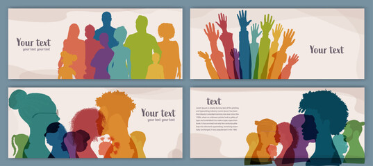 Group people diversity. Silhouette of men women children teenagers elderly. Various people of different ages. Poster template banner cover page. Different cultures. Racial equality concept