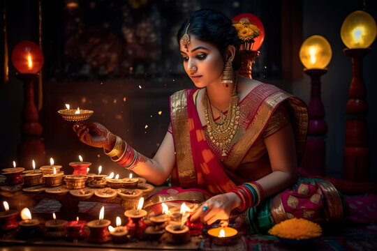 Diwali festival of lights with traditional dress and decorations Generative AI
