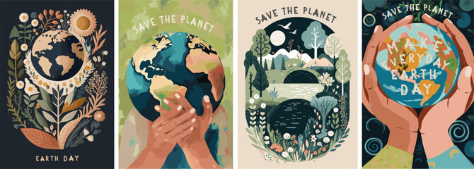 Fototapeta Happy Earth Day! Vector illustrations (drawn in gouache) of earth, globe, holding, nature and environmental protection for poster, banner or background obraz