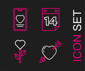 Set line Amour with heart and arrow, Heart shape in flower, Calendar February 14 and Online dating app chat icon. Vector