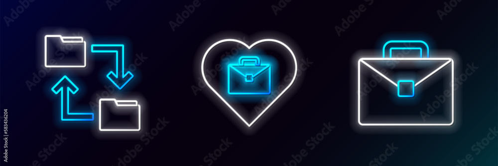 Poster set line briefcase, cloud storage document folder and heart with text work icon. glowing neon. vecto