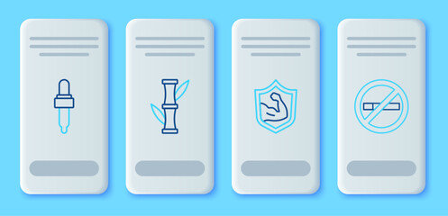 Set line Bamboo, Bodybuilder muscle, Pipette with oil and No Smoking icon. Vector