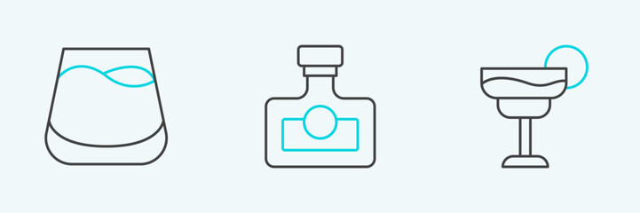Set line Cocktail, Glass of whiskey and Alcohol drink Rum icon. Vector