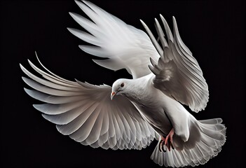 Plakat White dove flying with a clipping path on black background. Symbolizing peace and freedom for International Peace Day. Generative AI