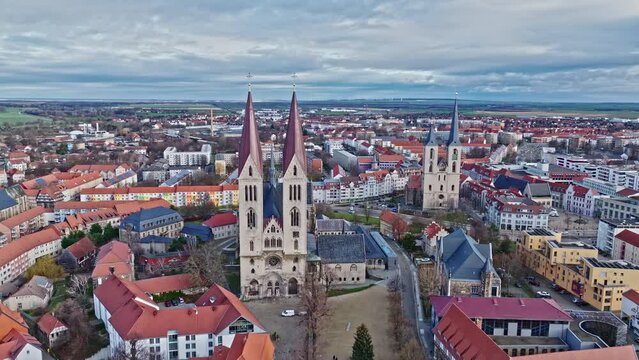Aerial view of Halberstadt Cathedral (Dom and Domschatz Halberstadtand) and St. Martini church in background . Halberstadt , Saxony-Anhalt, the capital of Harz district