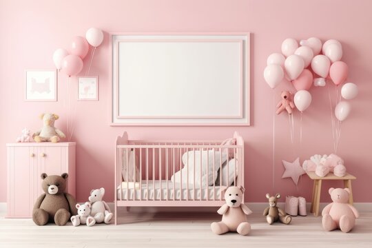 Baby bedding, soft toys, balloons, and a blank horizontal frame mockup on a pink nursery room wall. Generative AI