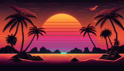 Fototapeta na wymiar Sunset on a tropical island with palm trees. AI generated