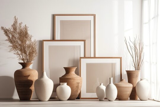 Mockups of square and portrait empty wooden frames with vases made of contemporary ceramics and linen. a background of white. Home and interior design from Scandinavia. artistic idea. Generative AI