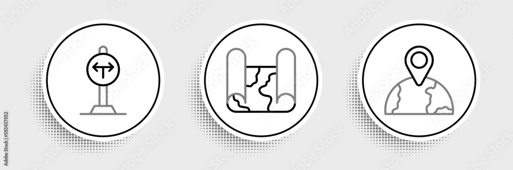 Poster set line location on the globe, fork in road and folded map icon. vector