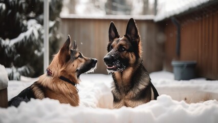 Naklejka premium Two dogs play in the backyard in the winter snow 