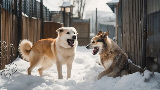 Two dogs play in the backyard in the winter snow