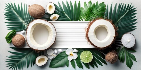 Summer Flat lay background. Frame of tropical leaves and fresh coconut on light gray background top view copy space. Healthy cooking. Creative healthy food concept, half of coconut, nature