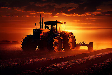 Tractor plows a field at sunset. AI generated.