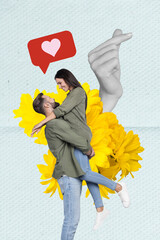 Vertical collage image of two idyllic positive partners like notification big black white gamma arm...