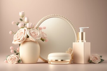 Realistic 3D render for beauty products display backdrop, blank empty space on ivory beige elegance dressing table with round mirror - generative ai