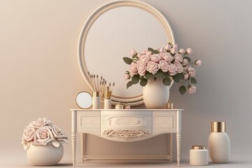 Realistic 3D render for beauty products display backdrop, blank empty space on ivory beige elegance dressing table with round mirror - generative ai