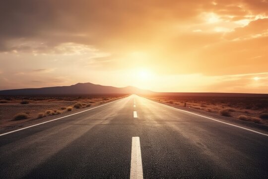 road in the middle of asphalt road at sunset.Concept of planning and challenge or career path,business strategy,opportunity and change.New year or start straight concept - generative ai
