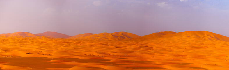 Fototapeta na wymiar Panorama du désert de Merzouga au Maroc. Panorama of the Merzouga desert in Morocco.