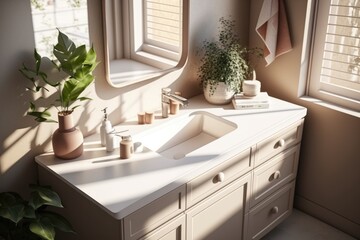 Modern and luxury beige bathroom with white ceramic washbasin in dappled sunlight from window and leaf shadow on marble wall for personal and toiletries product display background - generative ai