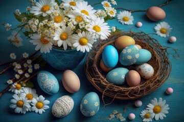 Obraz na płótnie Canvas blue easter eggs with flowers - generative ai 