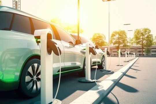 green sustainable of solar and windmill energy produced from renewable resources to supply to charger station in order to reduce CO2 emission.EV charging station for electric car in concept