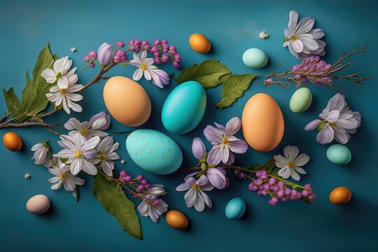 blue easter eggs with flowers - generative ai	
