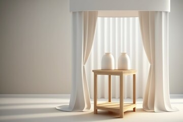 Beautiful empty two wooden side table tray with white curtain and beautiful sun light - generative ai