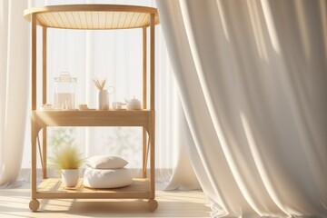 Beautiful empty two wooden side table tray with white curtain and beautiful sun light - generative ai