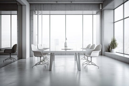 displaying a location for business purposes. gray and white background that is fuzzy. Meeting space with a table, white office chairs, and a broad view. a mockup. Generative AI