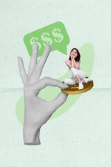 Vertical collage image of black white gamma arm fingers hold money coin mini girl sitting think...