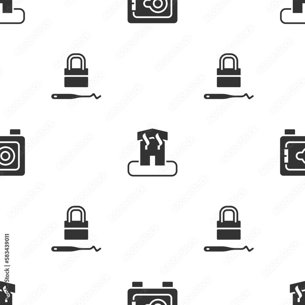 Poster set safe, arson home and lock picks for lock picking on seamless pattern. vector