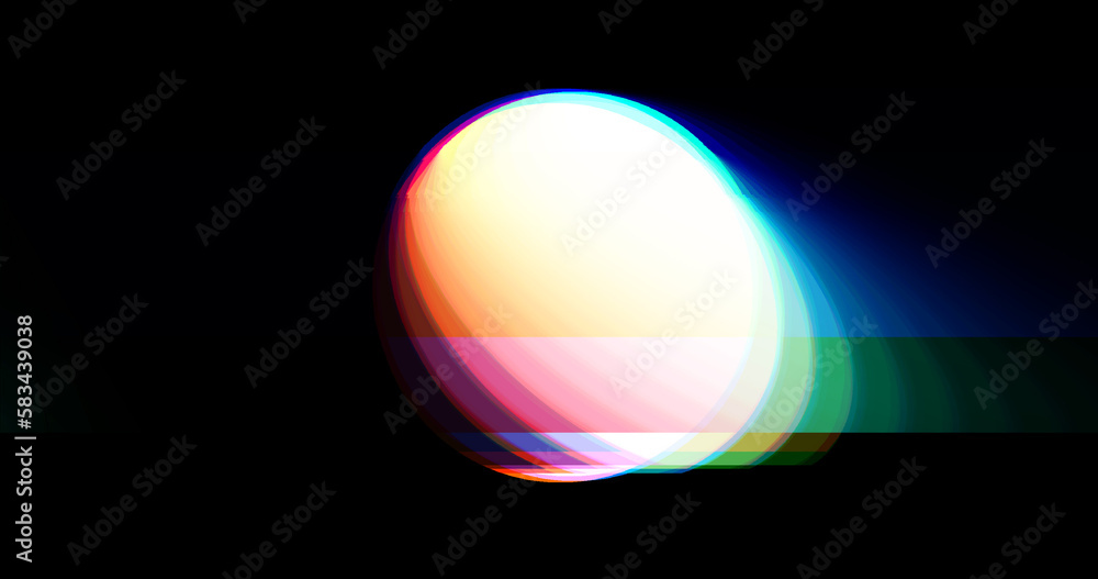 Poster multicolored glitched round geometric shape with noise, scanlines and screensclices on black backgro