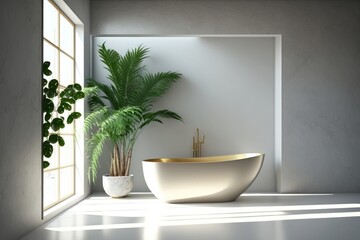 minimal design bathroom with white ceramic bathtub, banana tree, gold faucet and shower head - generative ai