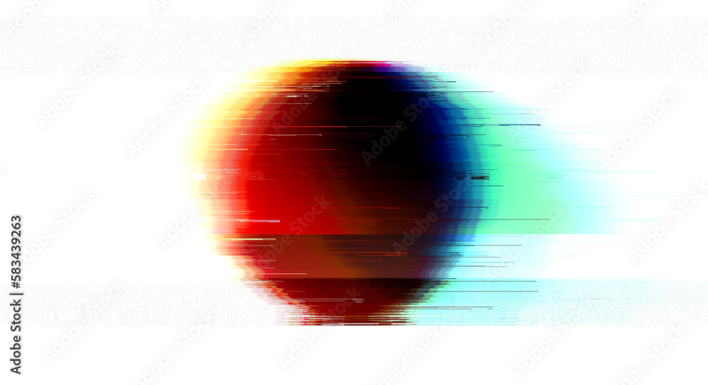 Poster multicolored glitched round geometric shape with noise, scanlines and screensclices on white backgro