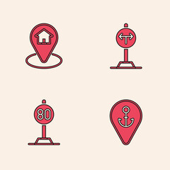 Set Location with anchor, house, Fork in the road and Speed limit traffic icon. Vector