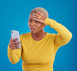 Wtf, phone and confused black woman in studio for fake news, social media and text on blue...
