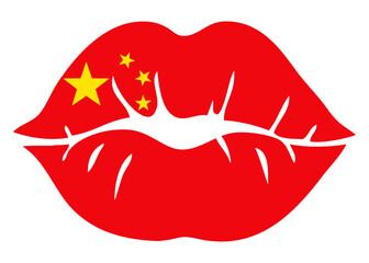 Logo I love China. Silueta aislada de labios de mujer con los colores de la bandera de China	