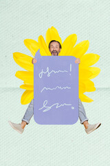 Vertical collage picture of excited man behind huge dialogue bubble fresh yellow flower isolated on painted background