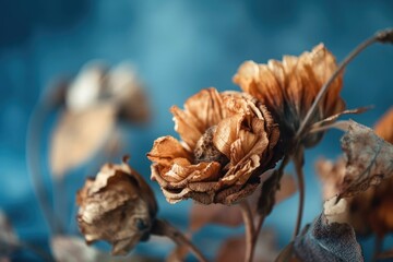 dried flowers up close and on a blue background. Copy space Text and design spaces card for greeting. Banner. looking up. Bokeh has a bright, hazy, and focused blur. Generative AI
