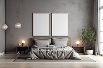 bedroom with a gray bed, a table with a vase of flowers, a ceiling lamp, and an empty horizontal frame mockup. Generative AI