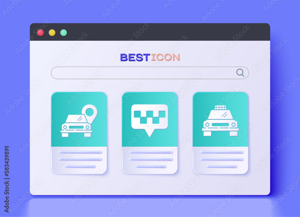 Poster set map pointer with taxi, map pointer with taxi and taxi car icon. vector