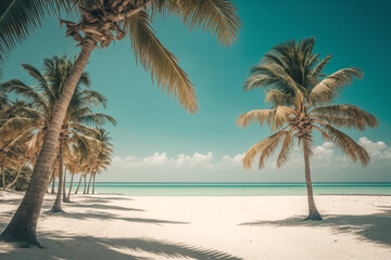 A sunny beach with clear blue water, white sand, and palm trees swaying in the breeze, Generative AI